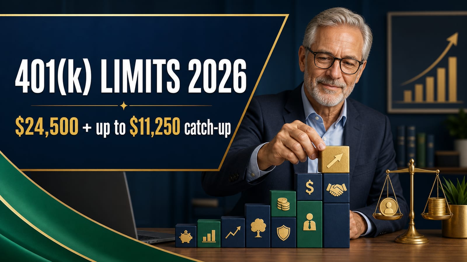 2026 401(k) contribution limits guide showing the $24,500 base deferral, $8,000 catch-up for age 50+, $11,250 super catch-up for ages 60-63, $72,000 total 415(c) limit, and the new $150,000 Roth catch-up wage threshold