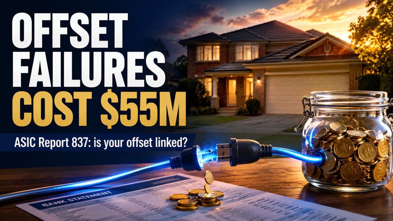 Illustration of a mortgage offset account disconnected from a home loan, representing ASIC Report 837's finding that banks paid over $55 million in compensation for offset failures affecting Australian borrowers.
