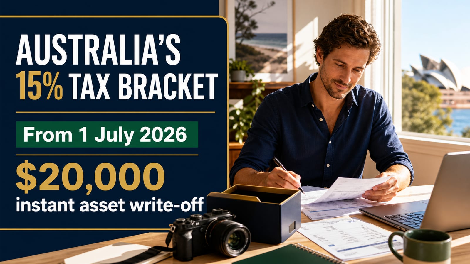 Australia 2026-27 Stage 3 tax cut guide showing the 16% to 15% rate reduction on income $18,201 to $45,000, the $268 maximum saving, the permanent $20,000 instant asset write-off for small businesses, and the three-year rate trajectory to 14% by 2027-28