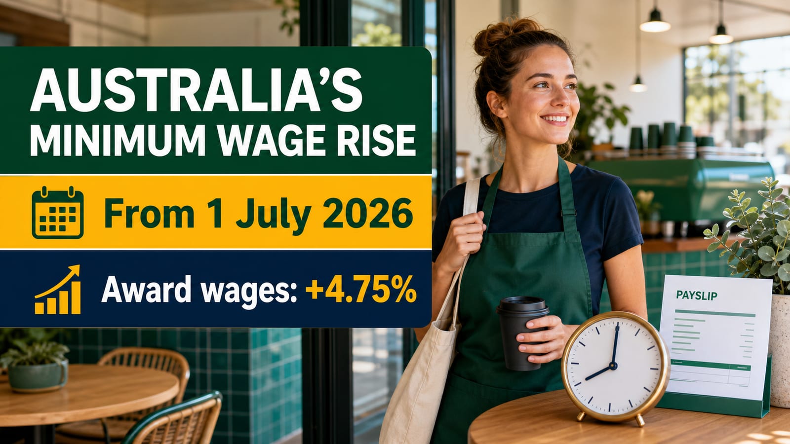 Australia July 2026 minimum wage increase guide showing the National Minimum Wage rising to $26.44 per hour, the 4.75% Modern Award increase, the 25% casual loading bringing casual rates to $33.05 per hour, and the before-and-after paycheck comparison for award-covered workers