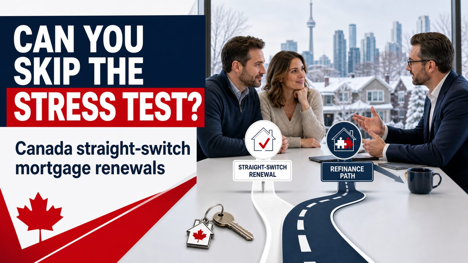 Canada OSFI mortgage stress test exemption guide showing the three straight-switch conditions (same balance, same amortization, no new money), the 5.25% MQR floor, the 4.5x portfolio LTI limit, and the 2026 renewal wave affecting 60% of outstanding mortgages