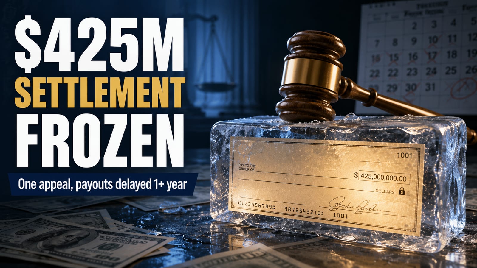 Frozen hourglass over a bank check, illustrating how a single appeal filed June 18, 2026 delayed every payment from Capital One's $425 million 360 Savings class action settlement, potentially for more than a year.