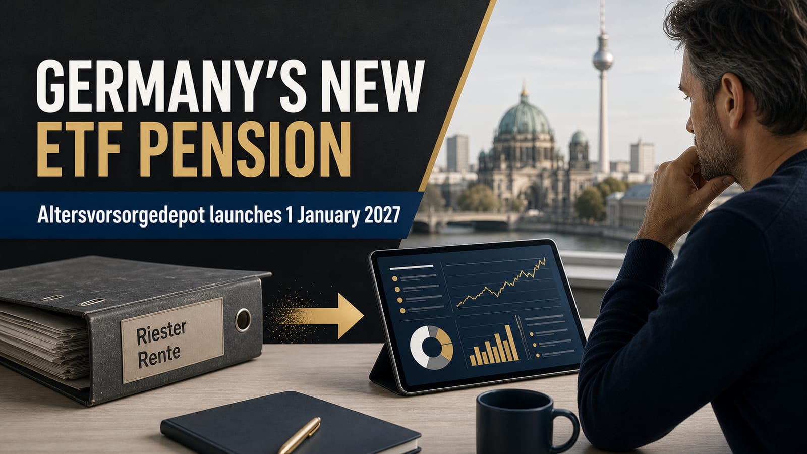 Germany Altersvorsorgedepot 2027 guide showing the Riester replacement timeline, Grundzulage subsidy structure of 50 percent on first 360 euros and 25 percent up to 1800 euros, Kinderzulage of 300 euros per child, ETF investment options without capital guarantee, 1 percent cost cap, and deferred tax rules under § 10a EStG and § 22 Nr. 5 EStG
