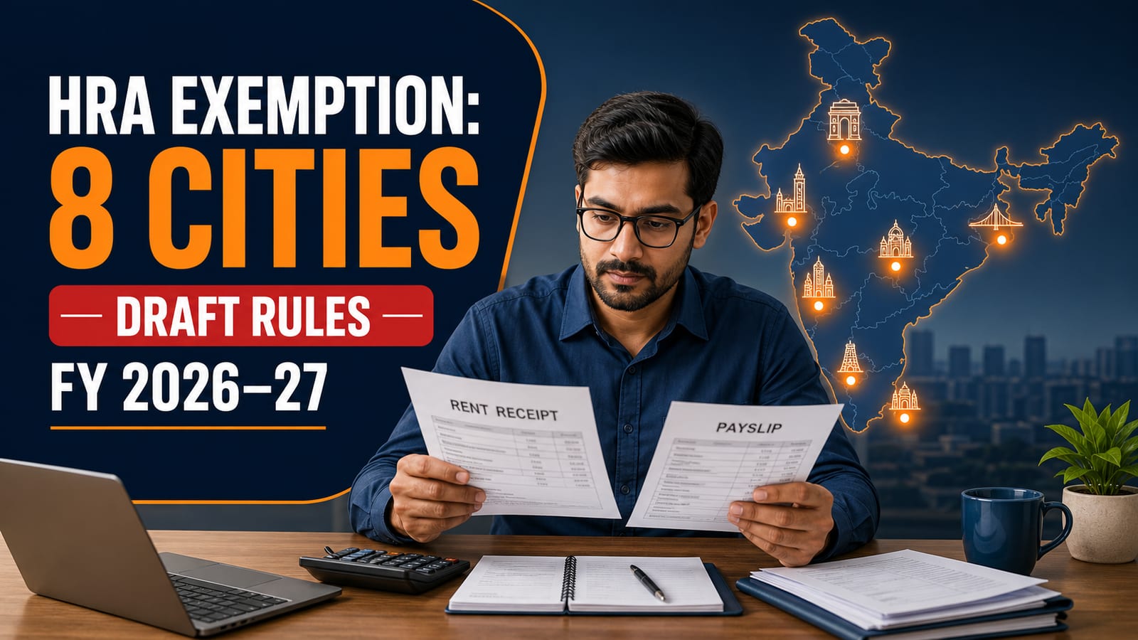 Draft Income-tax Rules 2026 HRA exemption guide showing the proposed expansion of the 50 percent HRA cap from 4 to 8 cities adding Bengaluru Pune Hyderabad and Ahmedabad, the three-component exemption test, the landlord PAN rule above 1 lakh rent, and the Old Tax Regime restriction