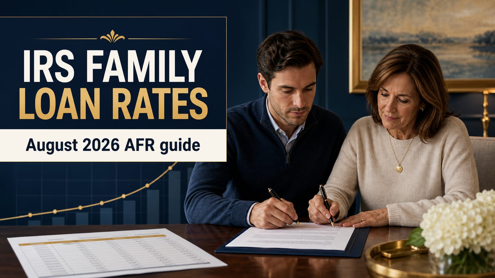 IRS August 2026 Applicable Federal Rates table showing 4.10% short-term, 4.35% mid-term, and 4.92% long-term AFRs with imputed interest calculation example for a $200,000 family loan and Section 7872 gift tax recharacterization rules