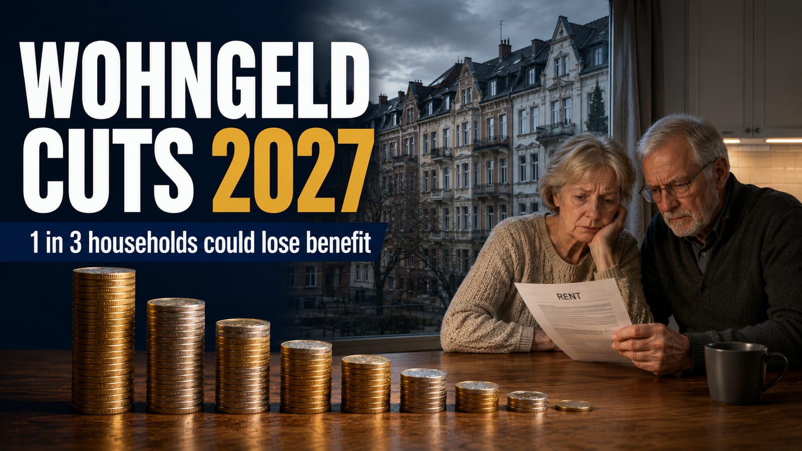 Apartment buildings in Germany behind a shrinking stack of euro coins, illustrating the draft Wohngeld reform that would cut housing benefit spending from 5 to 3 billion euros and end payments for roughly one in three recipient households from 2027.